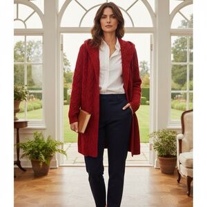 Ralph Lauren Wool Blend Cable knit Long Cardigan S Red Chunky Fisherman Preppy